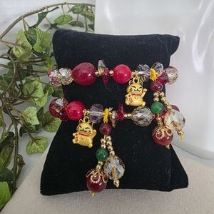 2 Chinese Style Kitten Charm Bracelet with Crystal and Acrylic Beads